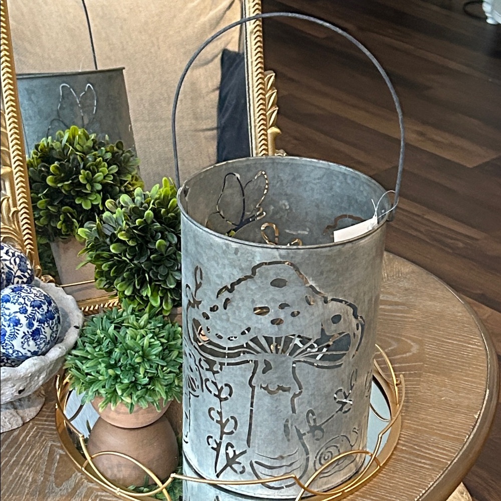 NEW! LARGE Cottage Garden Mushroom & Butterfly Rustic Galvanized Metal Lantern